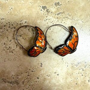 Butterfly Wing Hoop Earrings - Orange and Black vintage